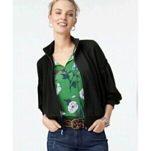 CABI Chance Bomber Jacket Large Black Puff Sleeves Full Zip Modern Minimalist